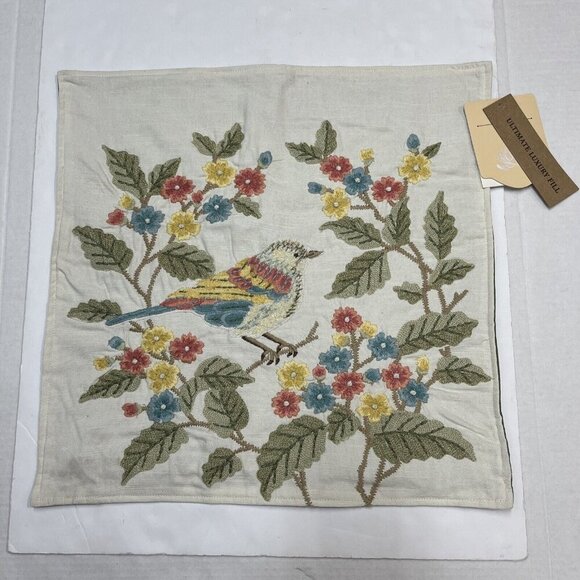 The Home Throw Pillow Covers Floral Birds 18x18 Embroidered Textured Cotton - Picture 3 of 12